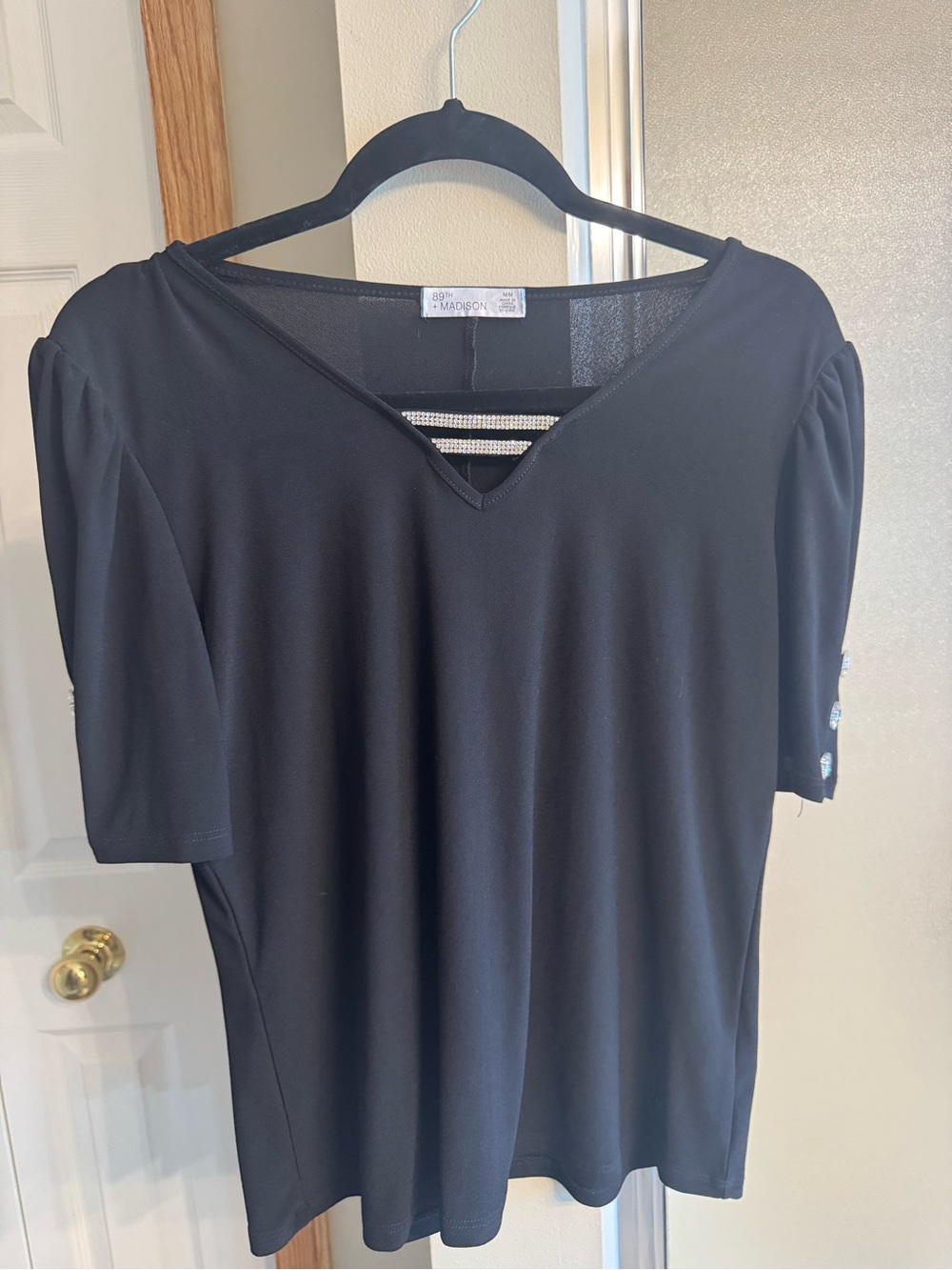 89th & Madison Black V-Neck Short Sleeve Top with Shoulder Detail